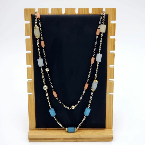 Gold Tone Satellite Cylinder Bead Necklace Blue Pink Green Gray Double Chain - Picture 1 of 12